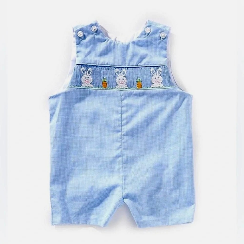 NWT!! EDGEHILL COLLECTION Smocked Bunny Gingham Plaid Romper Blue 12 Months